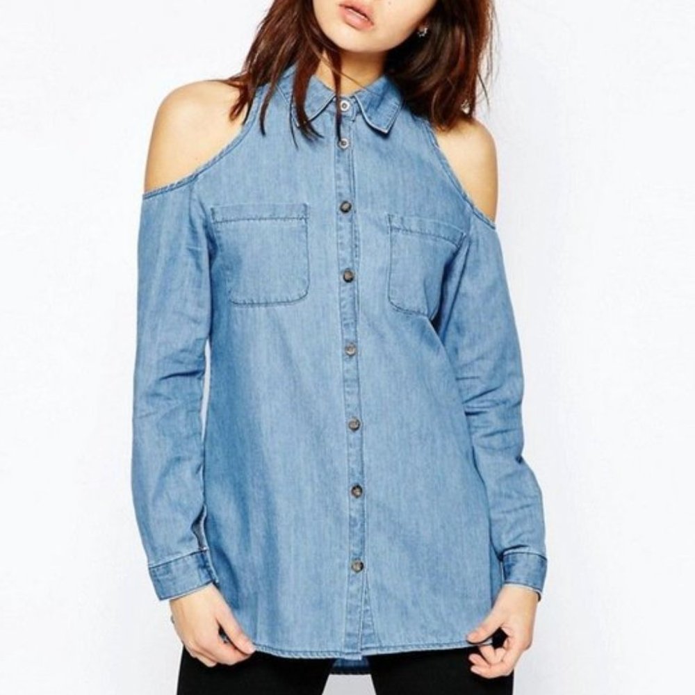 FOREVER 21 COLD SHOULDER + STUDDED COLLAR SHIRT
